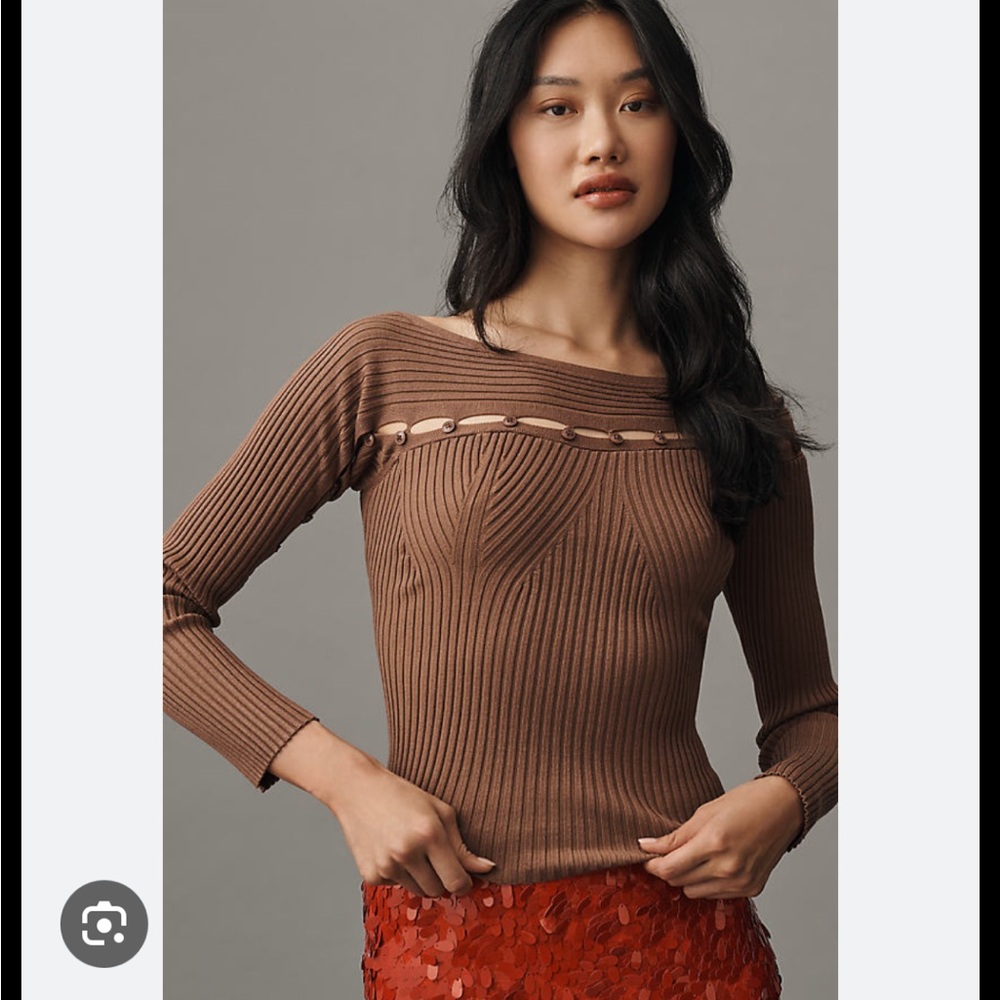 Anthropologie Sculpted Rib Knit Cutout Top XS 🤎 Elevated Minimalist